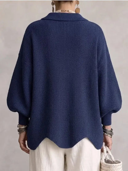 Women French Lapel Irregular Hem Lantern Sleeve Knit Cardigan
