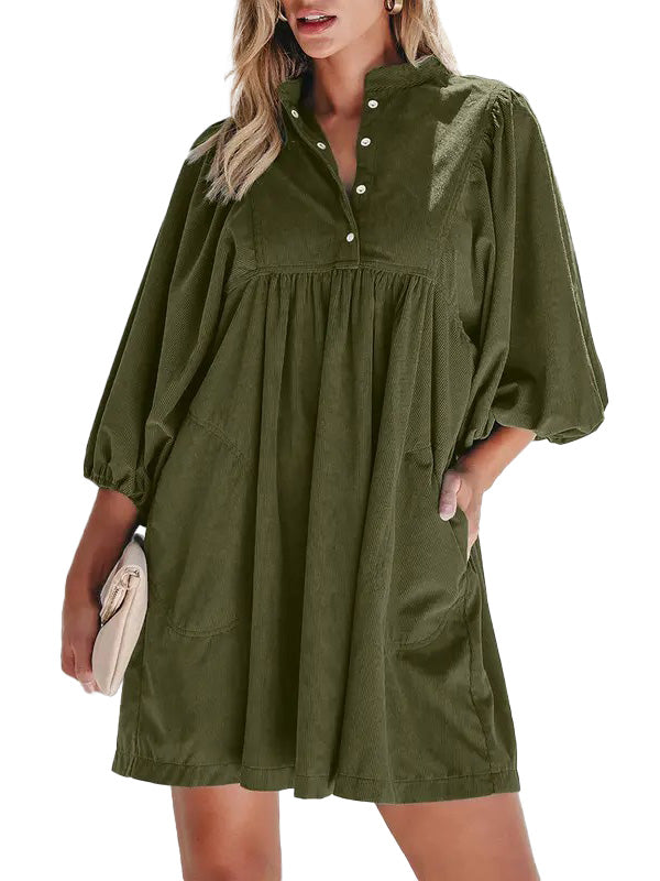 Women Corduroy Half Button Puff Sleeve Babydoll Mini Dress With Pockets