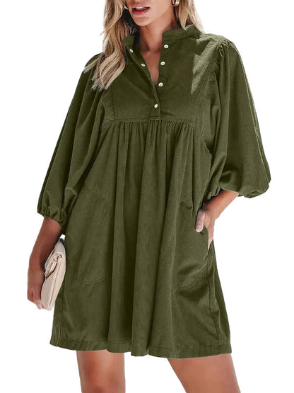 Women Corduroy Half Button Puff Sleeve Babydoll Mini Dress With Pockets