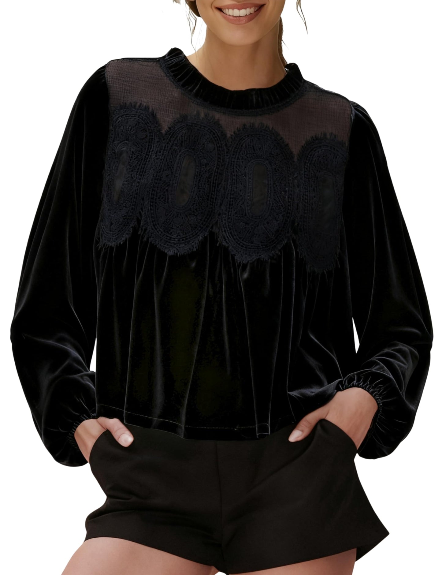 Women's Long Sleeve Velvet Trim Lace Blouse Elegant Flared Swing Top