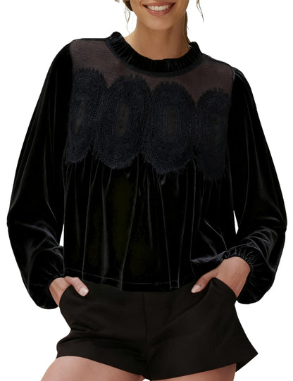 Women's Long Sleeve Velvet Trim Lace Blouse Elegant Flared Swing Top