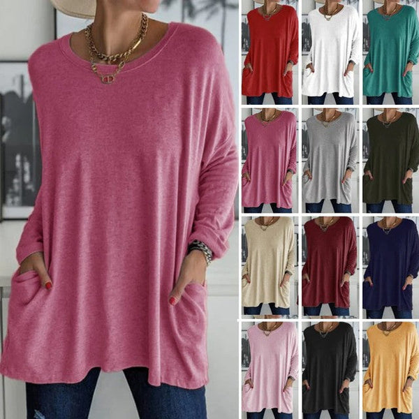 Women's  Round Neck Long Sleeve Loose Pocket Solid T-Shirt