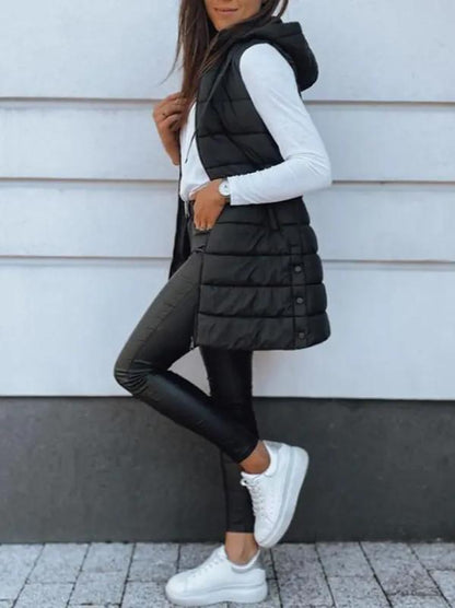 Women Long Hooded Puffer Vest Side Slit Outerwear With Pockets