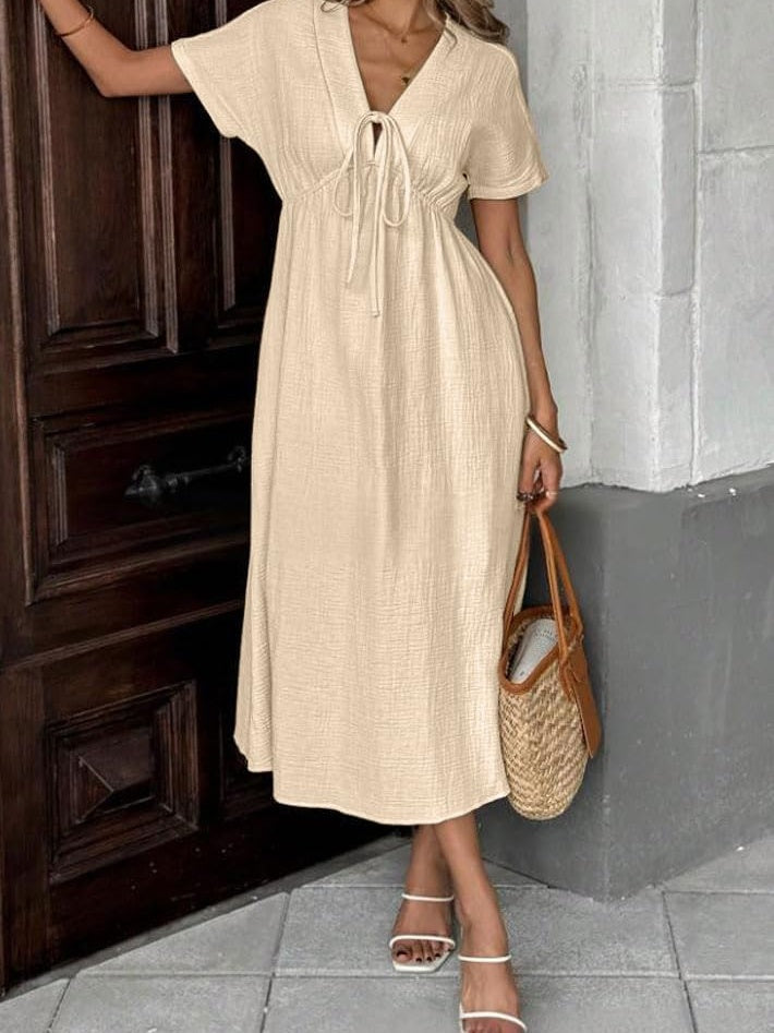 Women's V Neck Tie up Textured Loose Flowy Midi Dress With Pockets