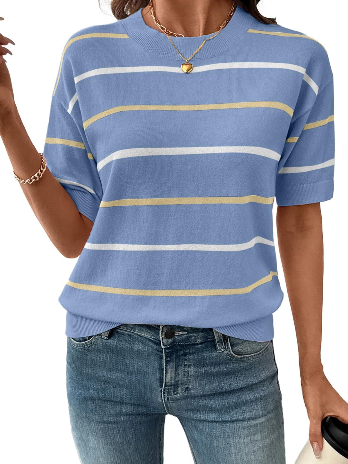2026 Womens Tops Crewneck Short Sleeve Sweater Pullover Knit Striped Shirt