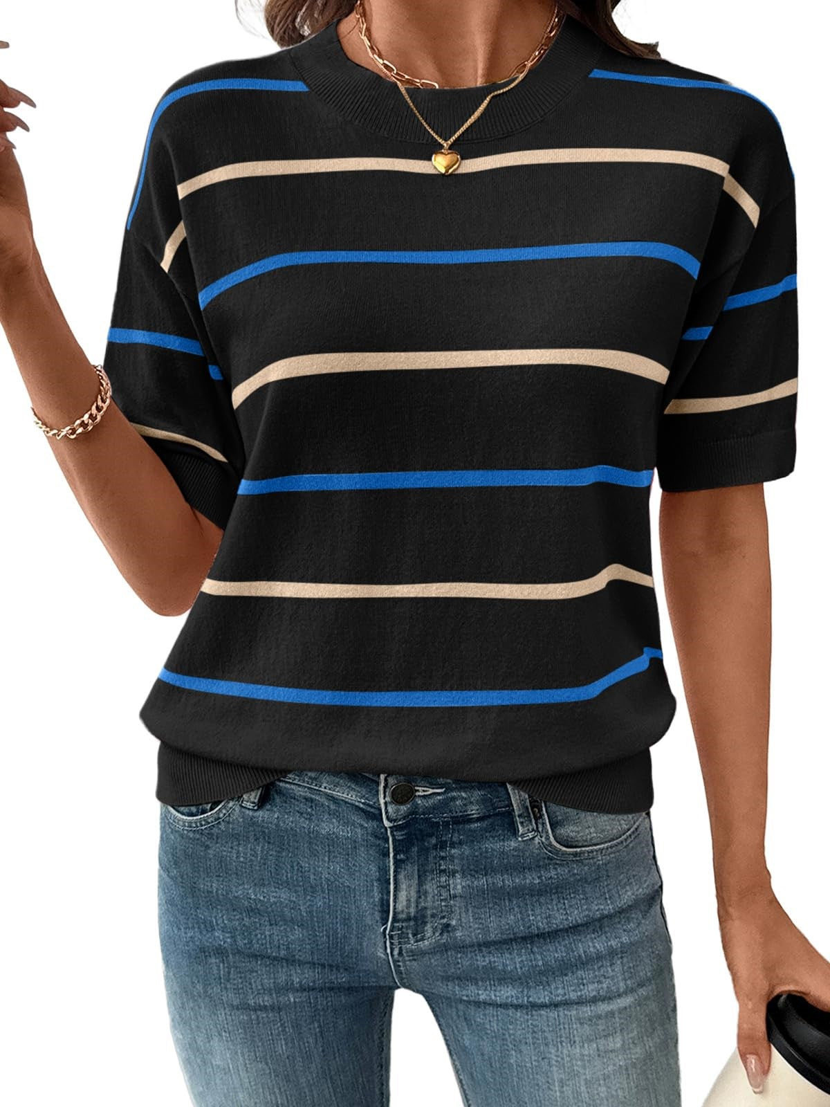 2026 Womens Tops Crewneck Short Sleeve Sweater Pullover Knit Striped Shirt