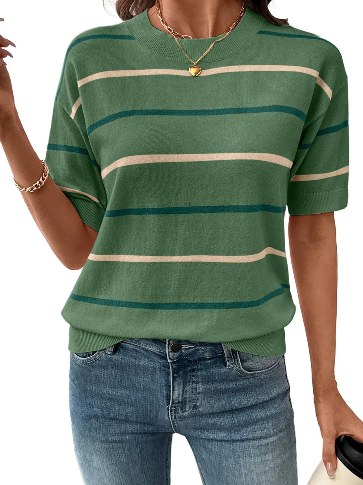 2026 Womens Tops Crewneck Short Sleeve Sweater Pullover Knit Striped Shirt