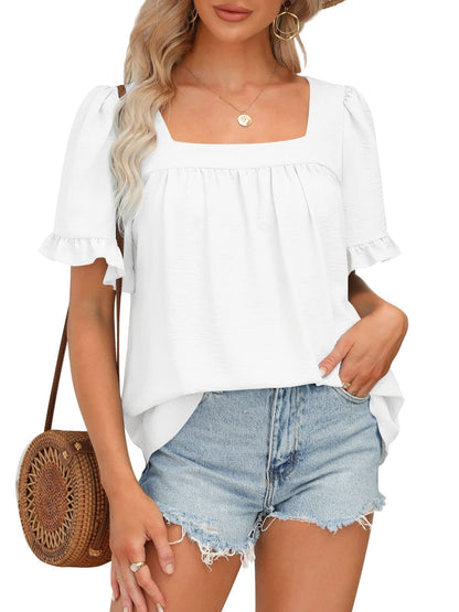 🔥Women's Sqaure Neck Ruffle Sleeve Blouses Peplum Tops