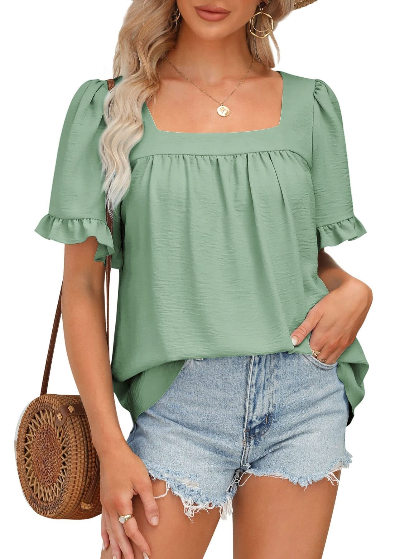 🔥Women's Sqaure Neck Ruffle Sleeve Blouses Peplum Tops