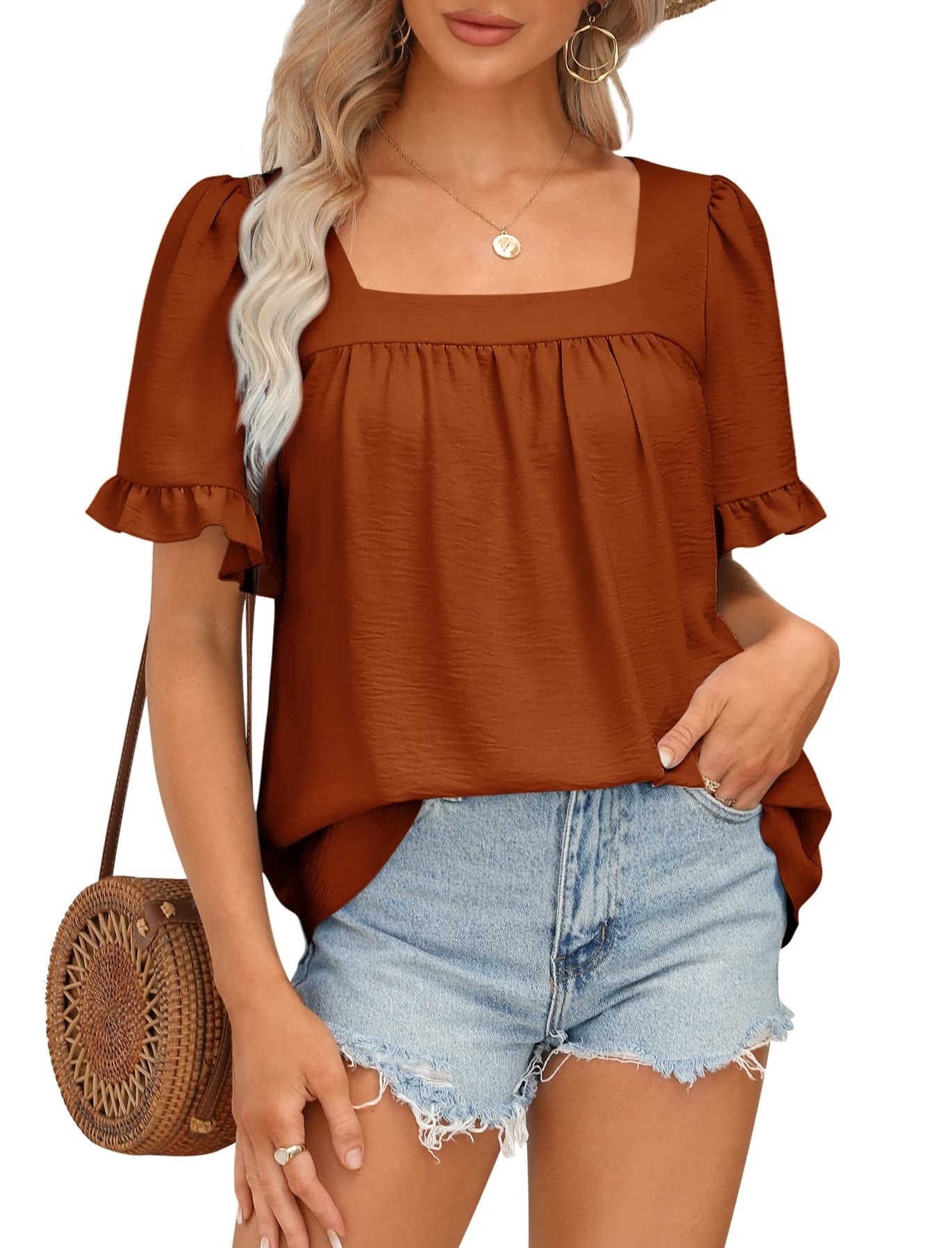 🔥Women's Sqaure Neck Ruffle Sleeve Blouses Peplum Tops