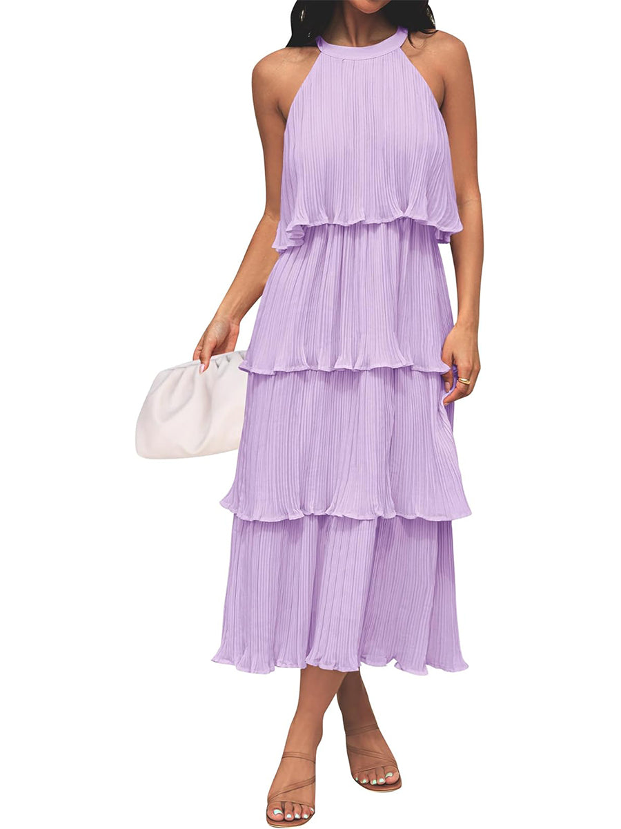 Women's Summer Halter Neck Ruffle Tiered Layered Chiffon Flowy Swing Midi Dress