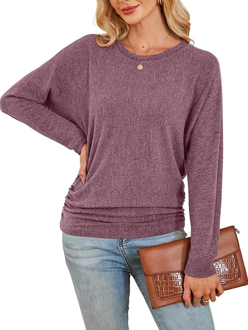 Womens Long Sleeve Shirts Ruched Hem Fall Tops Lightweight Sweaters