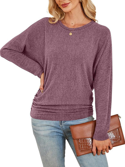 Womens Long Sleeve Shirts Ruched Hem Fall Tops Lightweight Sweaters