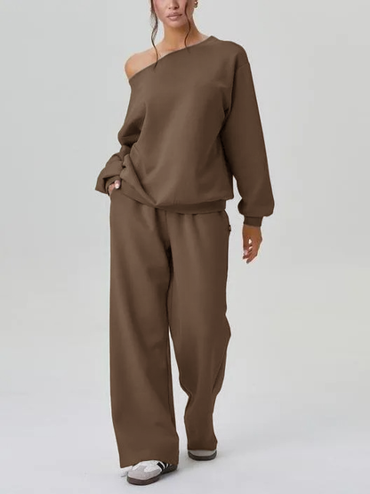 Women's Solid Sloping Shoulder Long Sleeve Top & Wide Leg Trousers Set