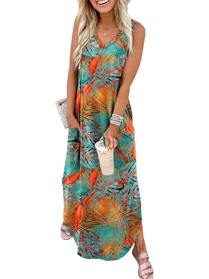 Women's Boho Print V Neck Split Tank Long Dress with Pockets