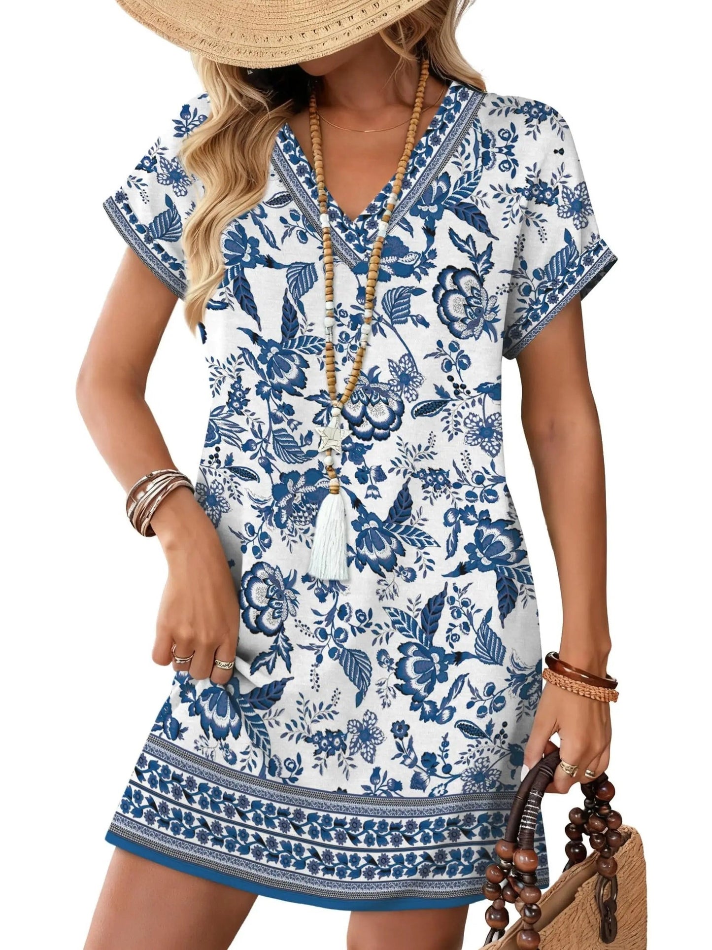 Women's V-Neck  Print Short Sleeve T-Shirt Dress