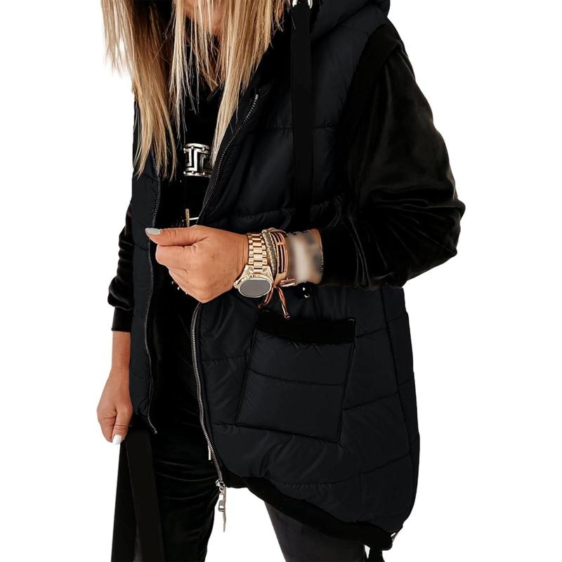 Women's Hooded Puffer Long Vest Lightweight Zipper Up Padded Gilet With Pocket