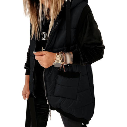 Women's Hooded Puffer Long Vest Lightweight Zipper Up Padded Gilet With Pocket