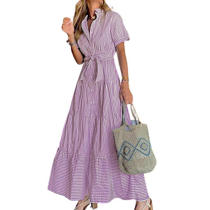 Women Button Down Striped Dress Lapel Collar Short Sleeve Dresses