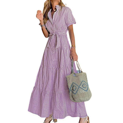 Women Button Down Striped Dress Lapel Collar Short Sleeve Dresses