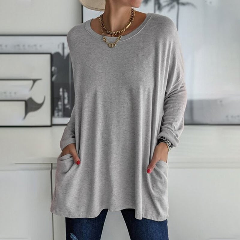Women's  Round Neck Long Sleeve Loose Pocket Solid T-Shirt