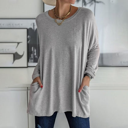 Women's  Round Neck Long Sleeve Loose Pocket Solid T-Shirt