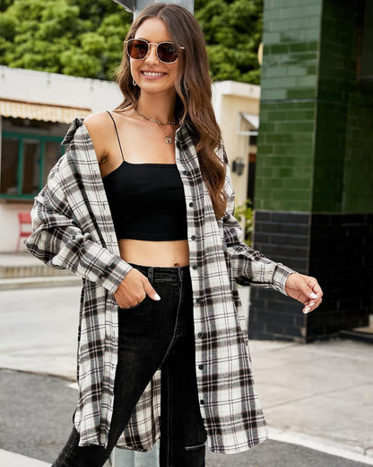 Women's Flannel Shirts Plaid Shacket Collared Long Jacket Coats