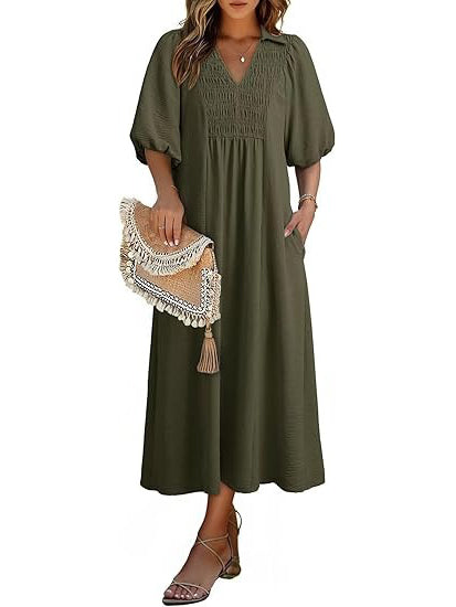 Women's Puff Sleeve V-neck Flowing Maxi Dress