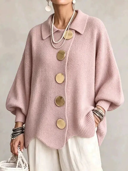 Women French Lapel Irregular Hem Lantern Sleeve Knit Cardigan