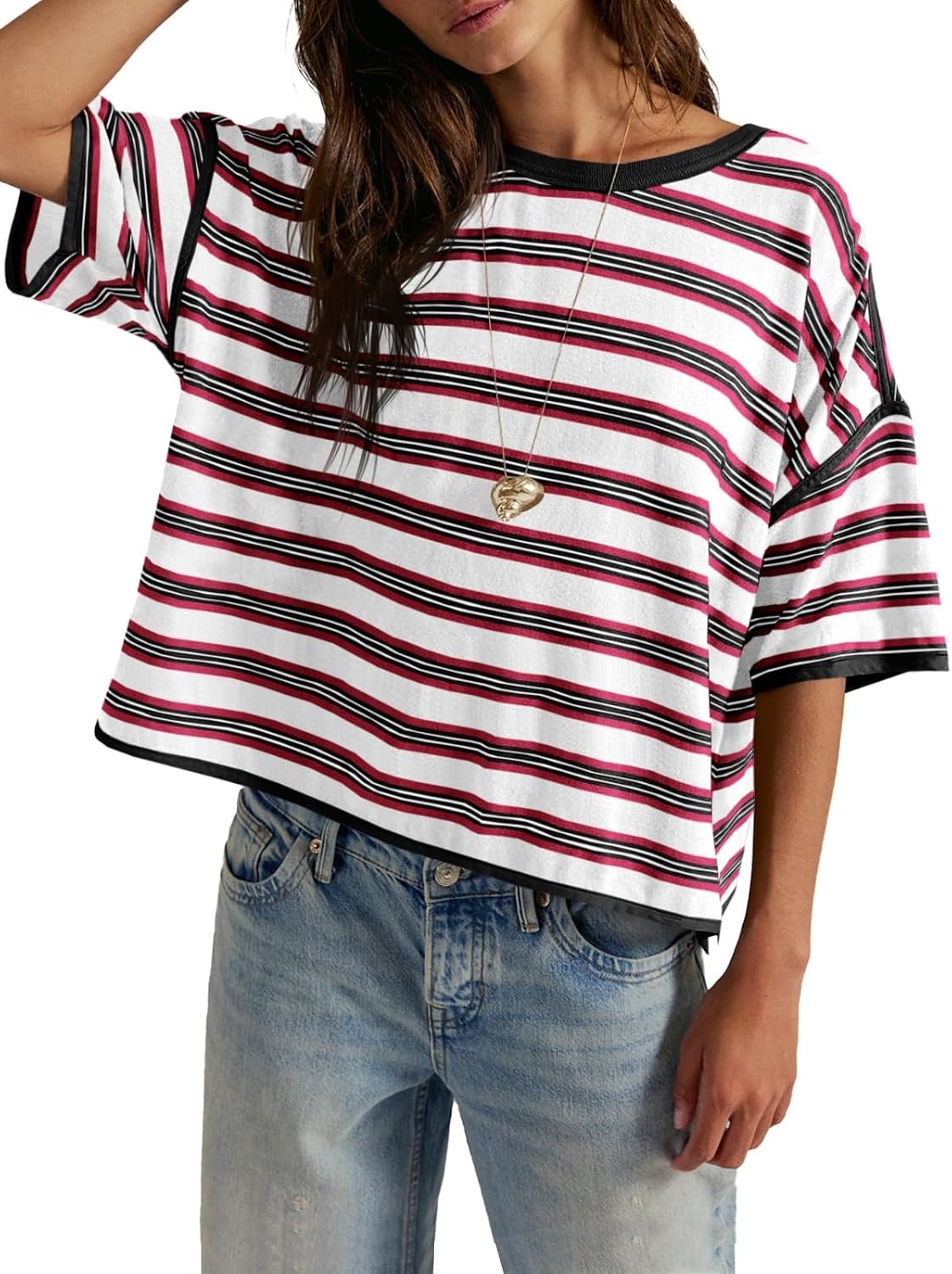 Womens Oversized Striped T-Shirts Color Block Short Sleeve Tops Drop Shoulder Tees