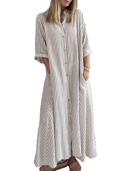 Women  Summer Boho Striped Maxi Shirt Dress 3/4 Sleeve Casual Button Down Long Dress