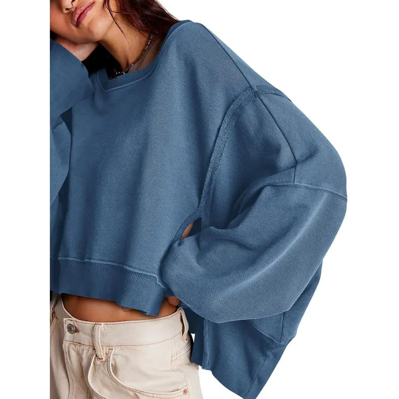 Women Solid Crew Neck Raw Stitch Detail Loose Cropped Sweatshirt