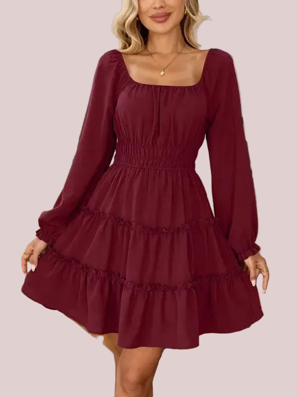 Women's Square Neck Boho Mini Dress with Pockets