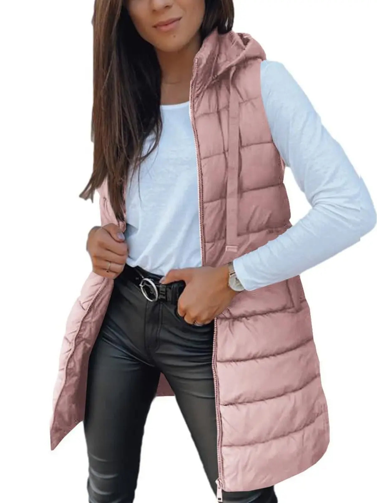 Women Long Hooded Puffer Vest Side Slit Outerwear With Pockets