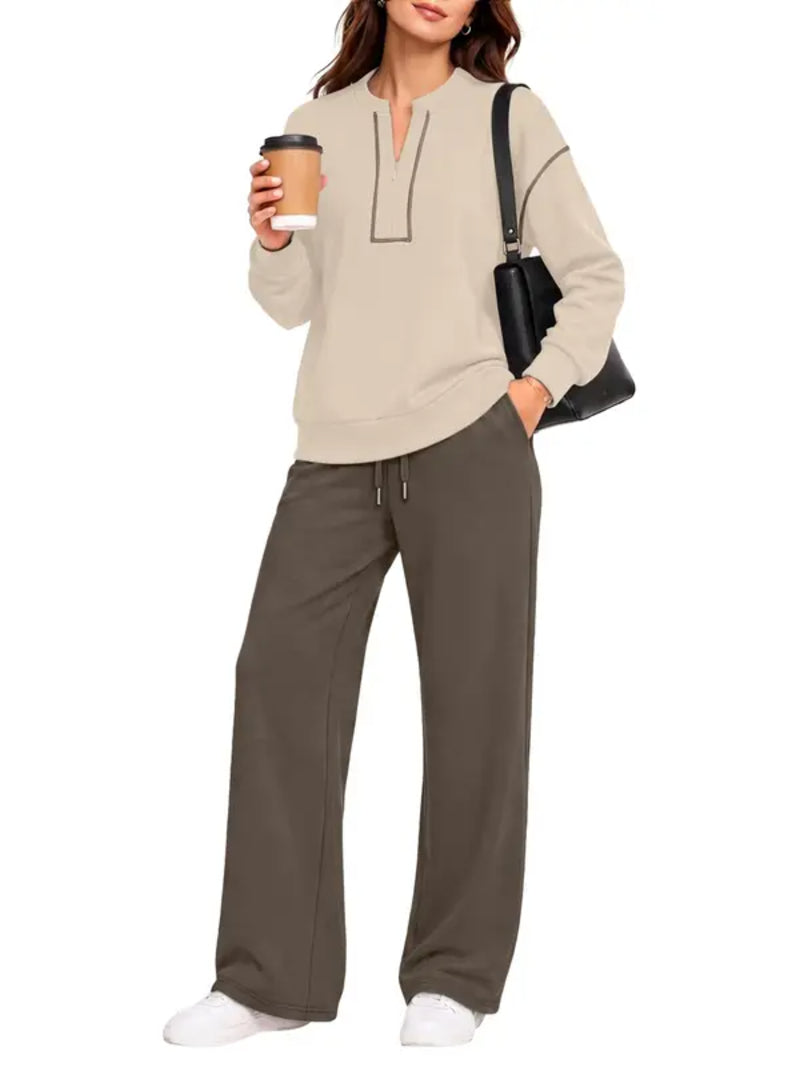Contrast‑Stitch Notched Neck 2‑Piece Loungewear Set