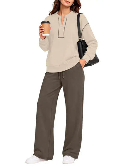 Contrast‑Stitch Notched Neck 2‑Piece Loungewear Set