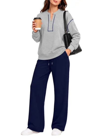Contrast‑Stitch Notched Neck 2‑Piece Loungewear Set
