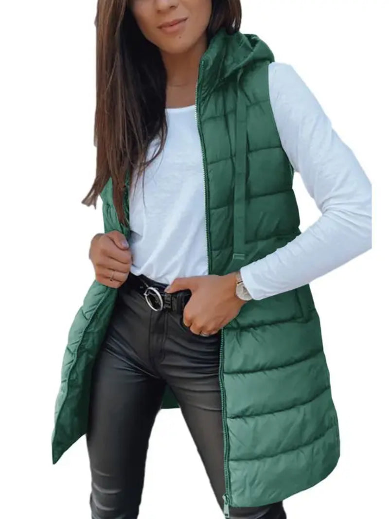 Women Long Hooded Puffer Vest Side Slit Outerwear With Pockets