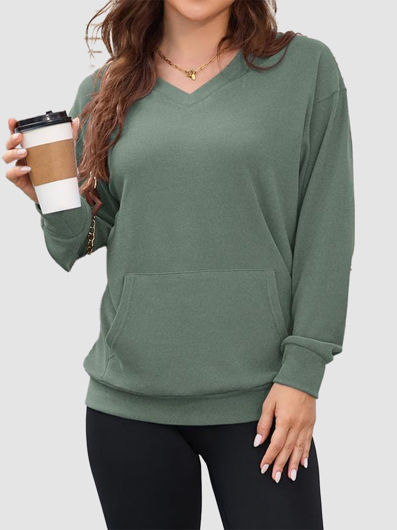 Women's  V-neck Sweatshirt With Kangaroo Pocket Fleece Longsleeve Oversized Tops