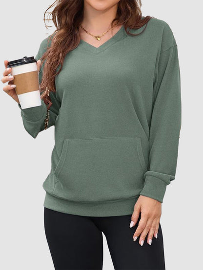 Women's  V-neck Sweatshirt With Kangaroo Pocket Fleece Longsleeve Oversized Tops