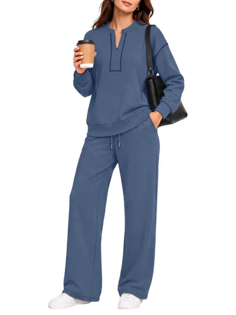 Contrast‑Stitch Notched Neck 2‑Piece Loungewear Set