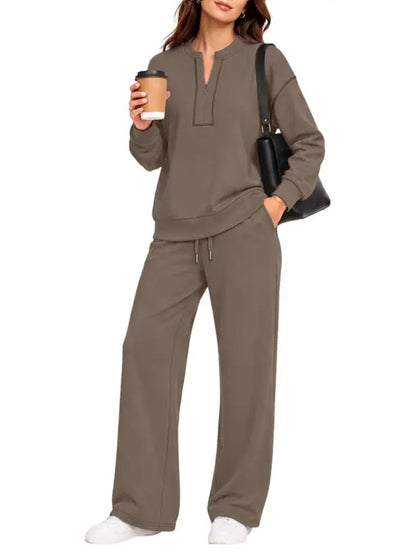 Contrast‑Stitch Notched Neck 2‑Piece Loungewear Set