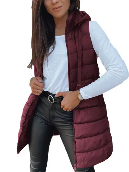 Women Long Hooded Puffer Vest Side Slit Outerwear With Pockets