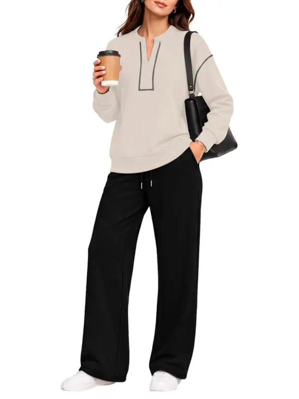 Contrast‑Stitch Notched Neck 2‑Piece Loungewear Set