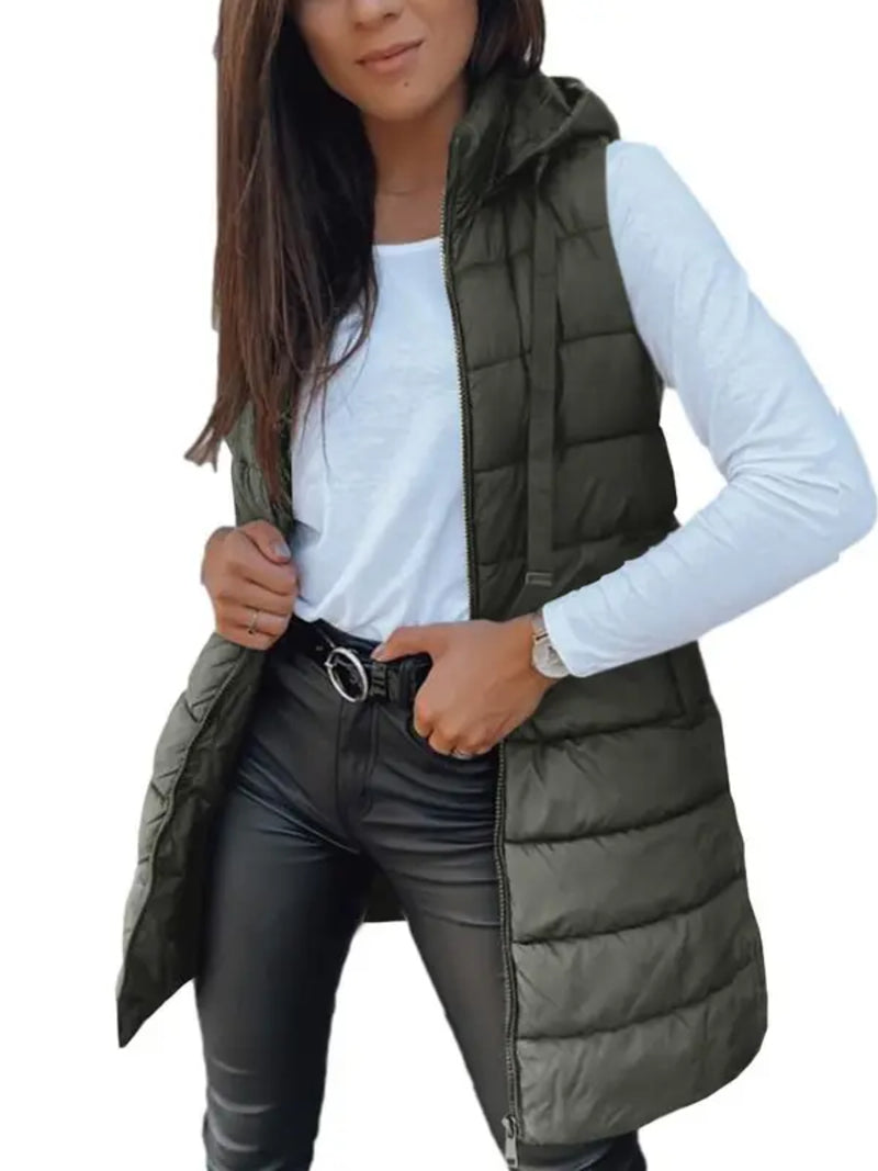 Women Long Hooded Puffer Vest Side Slit Outerwear With Pockets