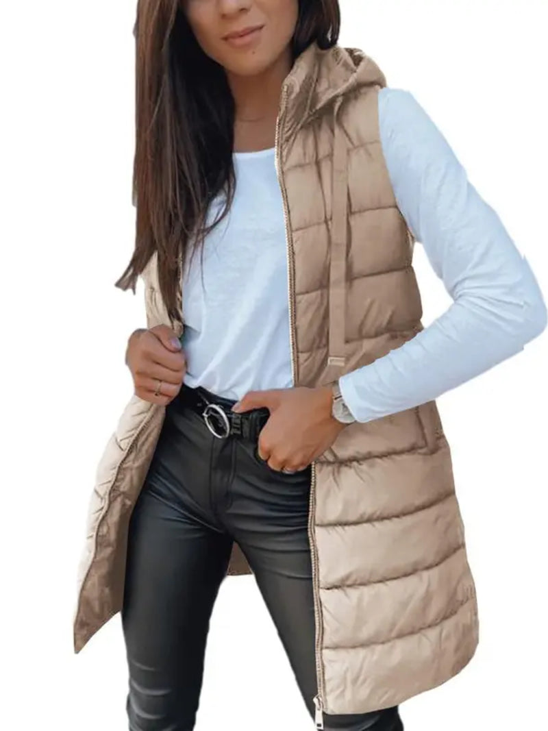 Women Long Hooded Puffer Vest Side Slit Outerwear With Pockets