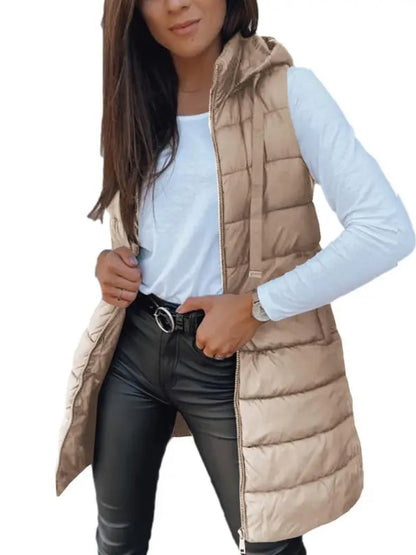 Women Long Hooded Puffer Vest Side Slit Outerwear With Pockets