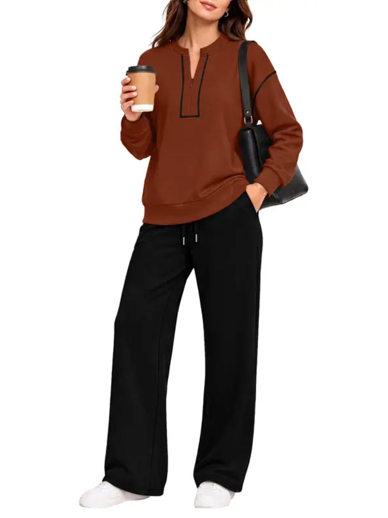 Contrast‑Stitch Notched Neck 2‑Piece Loungewear Set