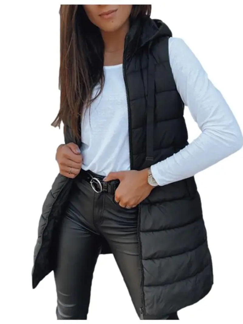 Women Long Hooded Puffer Vest Side Slit Outerwear With Pockets