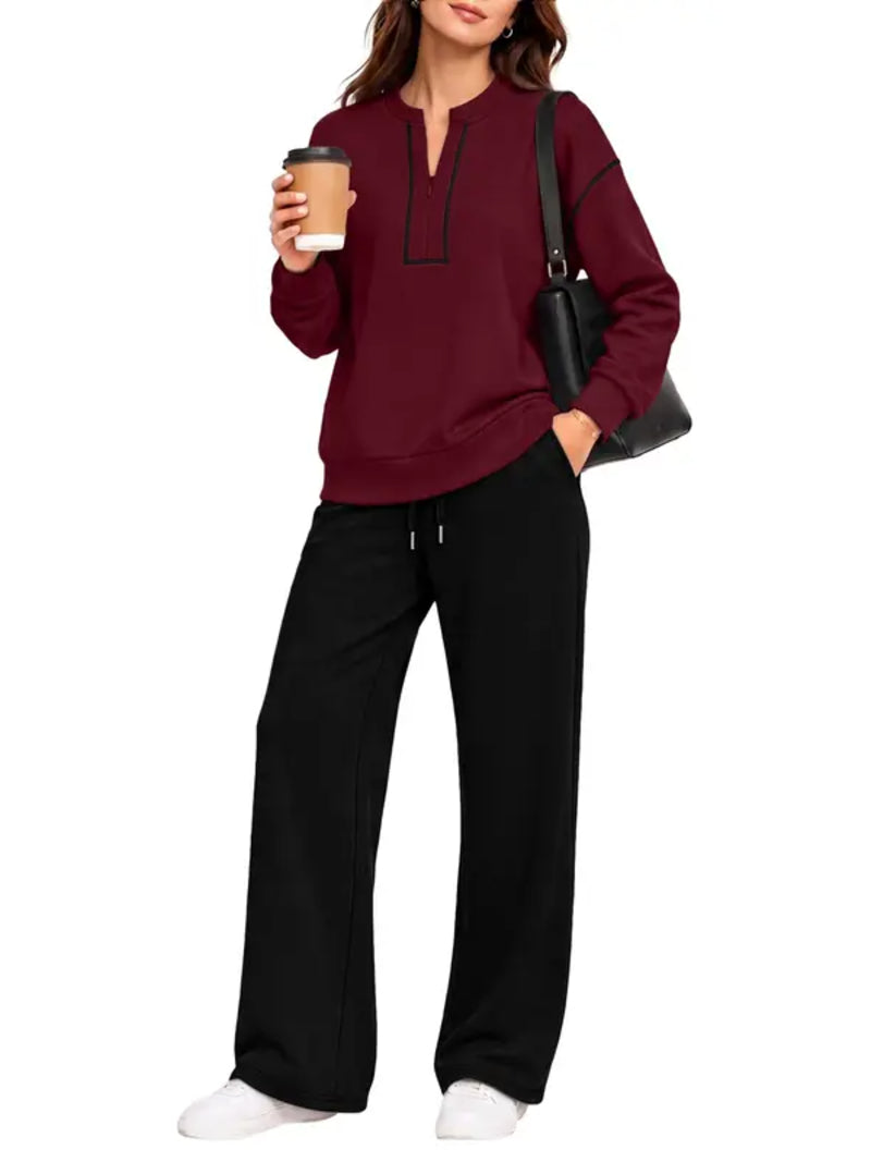Contrast‑Stitch Notched Neck 2‑Piece Loungewear Set